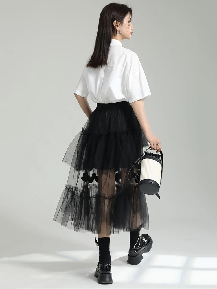 [EAM] High Elastic Waist Black Irregular Mesh Perspective Midi Half-body Skirt Women Fashion Tide New Spring Autumn 2024 1DF7528