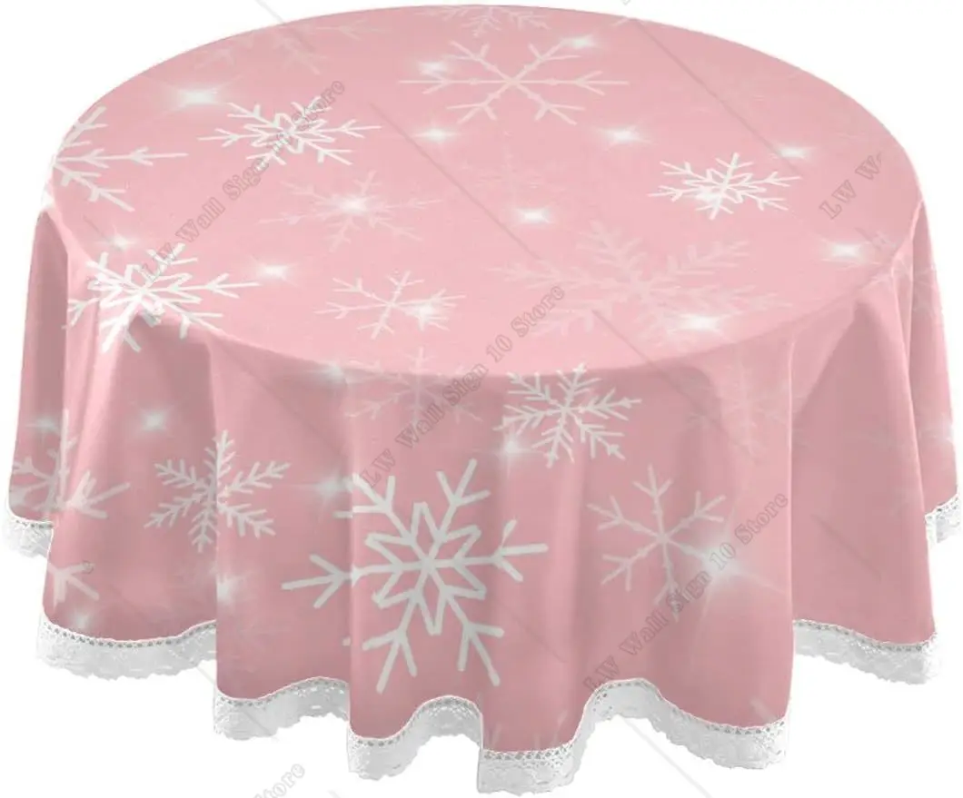 Pink Snowflakes White Round Tablecloth Washable Christmas Circular Polyester 60 Inch Lace Tablecloth for Kitchen Decoration