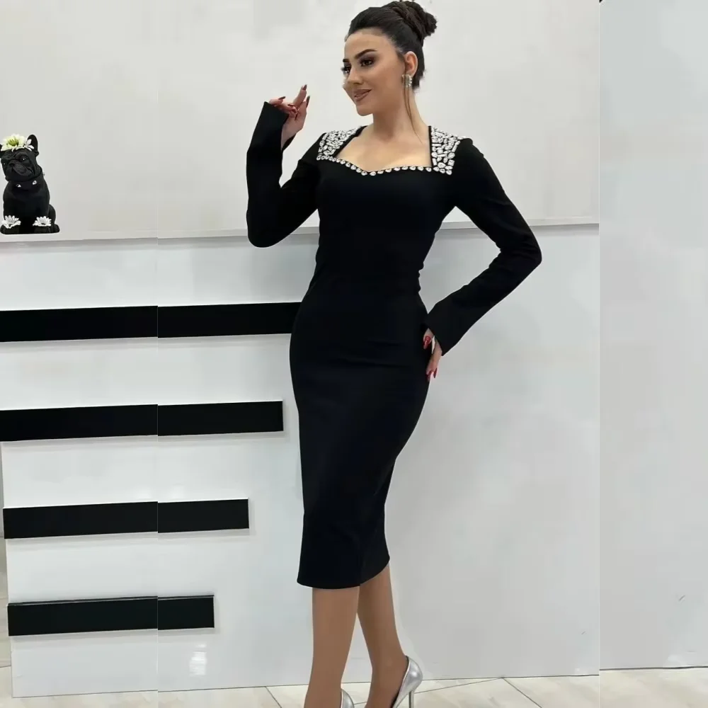 

Customized Black Straight Prom Dresses Tea-Length Square Collar Full Sleeve Evening Dresses Simple Fashion Crystal Party Dresses