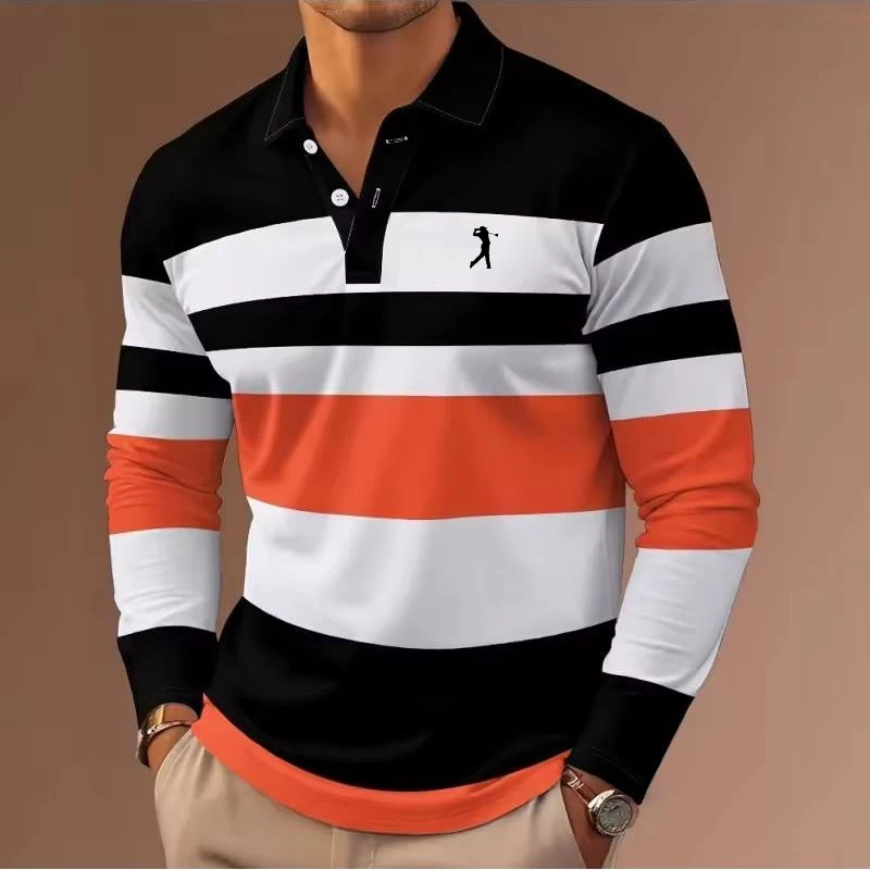 

Fashion Versatile Polo Shirts Classic Stripe Printed Long Sleeve Shirts Breathable Golf Sports Tops Spring Autumn Casual Clothes