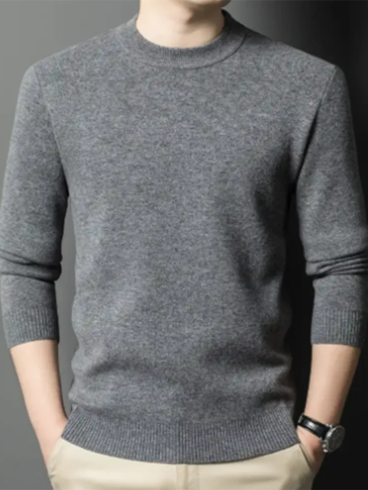 

Мужской пуловер с круглым вырезом из 100% мериносовой шерсти, базовый стиль, осенне-зимний базовый свитер, вязаный кашемировый свитер