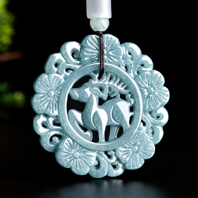 Real Natural Emerald Burmese Emerald Jade Blue Water Sika Deer Ice Seed Hollow Out Pendant Jadeite Amulets Fashion Jewelry Gifts