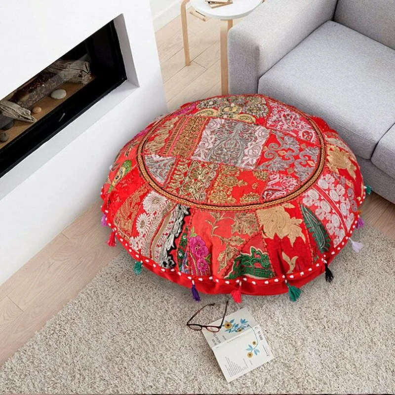 

Round Covers Decorative Vintage 16x16inches Red Round Cushion Cover Patchwork Floor Pillow Case