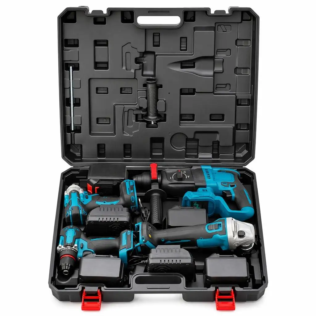 Versatile Brushless Cordless Power Tool Combo Kit 4pcs Set Electric Drill Impact Wrench Rotary Hammer Angle Grinder Box