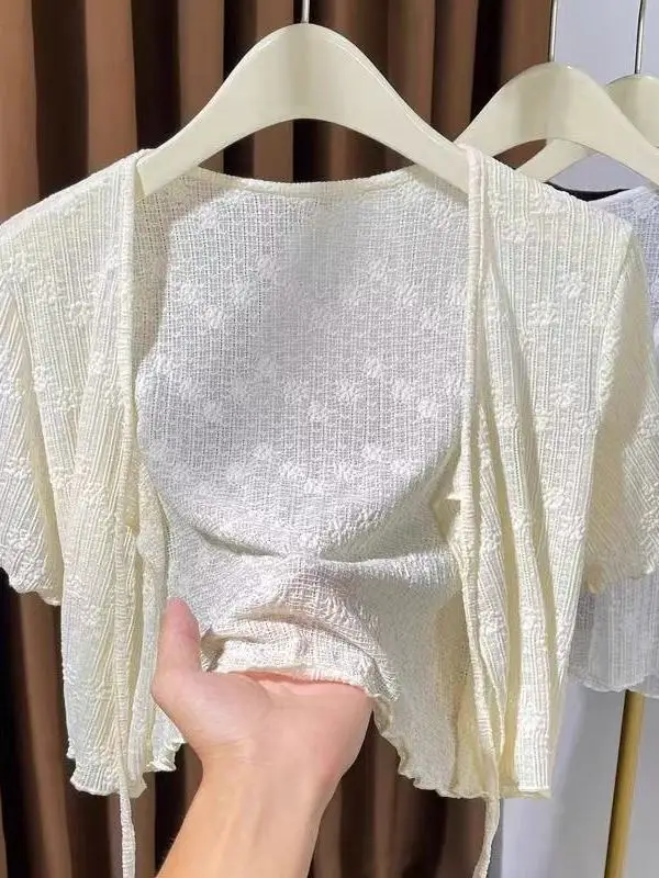 

ort Sve Кружевной открытый кардиган на бретельках Тонкая летняя шило Юбка Защита irt V-ne ort Sle Полиэфирное волокно