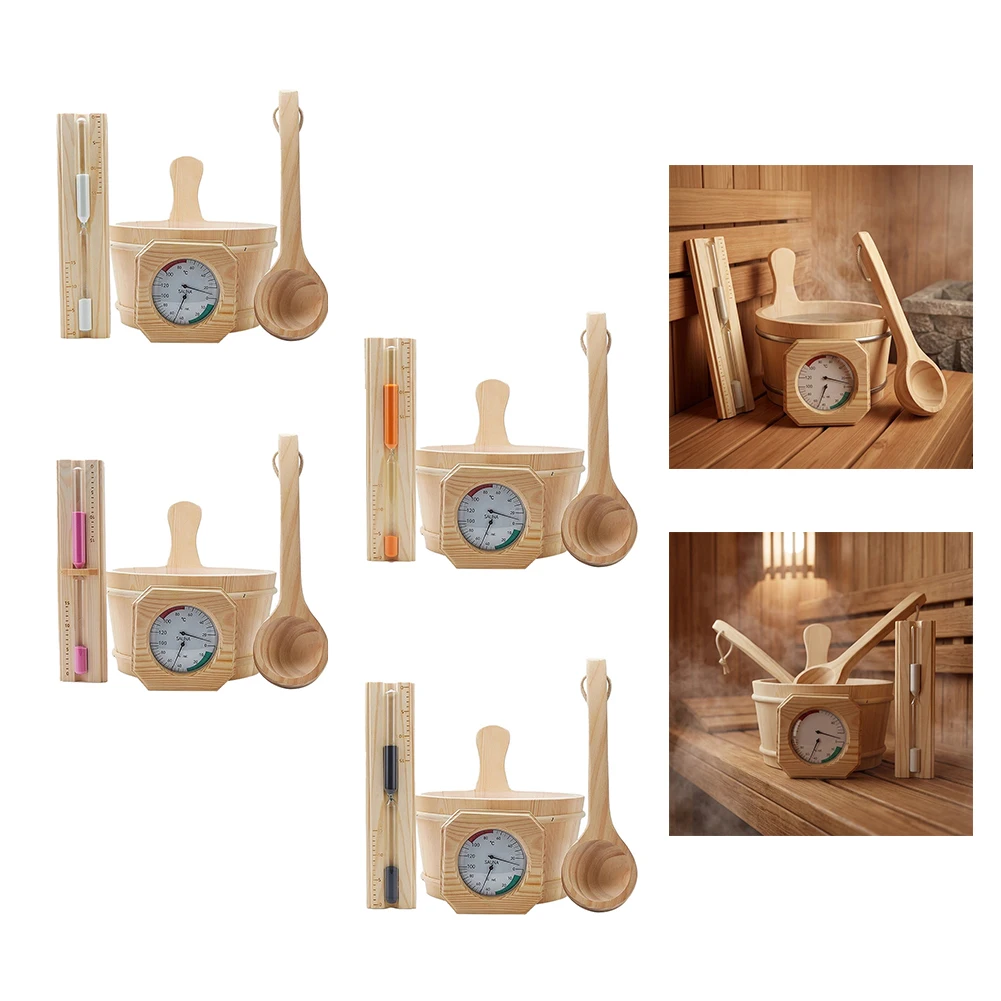 Sauna Room Spa Bath Relaxation Accessory Kit Premium 4 Piece Sauna Set With Pine Wood Tub Spoon Thermometer For Indoor Spa Use