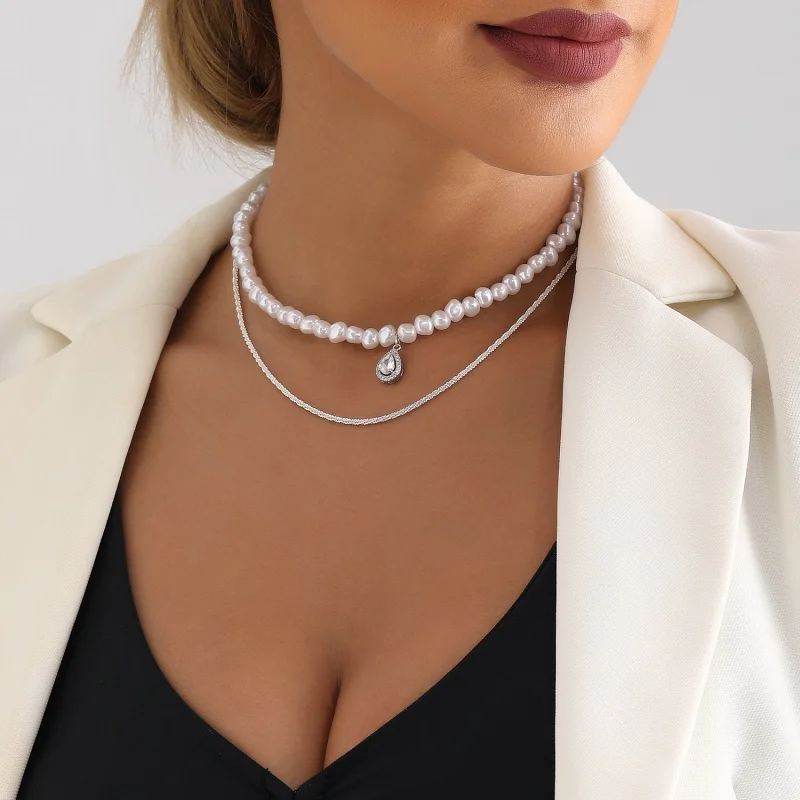 Retro Minority Double-Layer Baroque Imitation Pearl Necklace Women's Light Luxury Water Drop Zircon Pendant Clavicle Chain Neckl