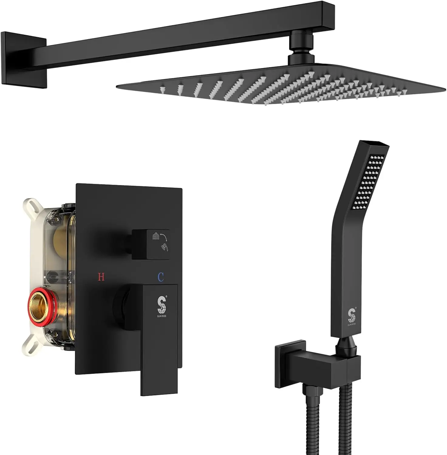 

Black Square Rainfall Shower Head and Handle Set with Metal Faucet Trim Repair Kits, Wall Mounted