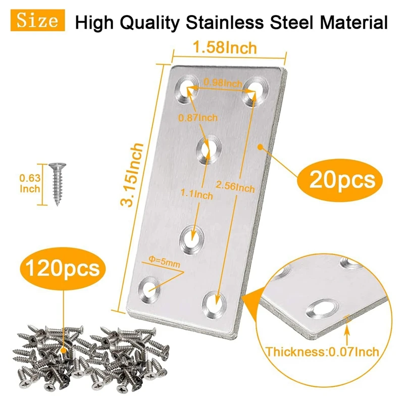 20 PCS Flat Mending Plates Flat Bracket Silver Stainless Steel Mending Joining Plates Repair Fixing Bracket For Fence