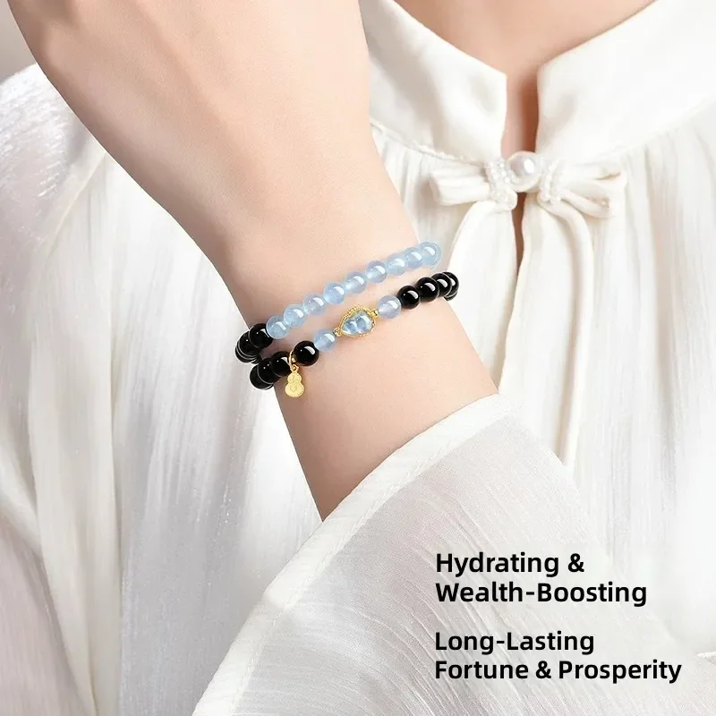 Natural Obsidian Aquamarine Bracelet Women's Double Circle Gourd Hydrating Lucky Transfer Bead Crystal Bracelet Gifts
