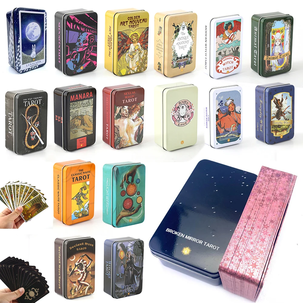 Borda Dourada Tarot para Iniciantes, Fortune Telling Game Card, 78 Card Deck, Presentes requintados para Amigos, Tin Box, 24 Estilos