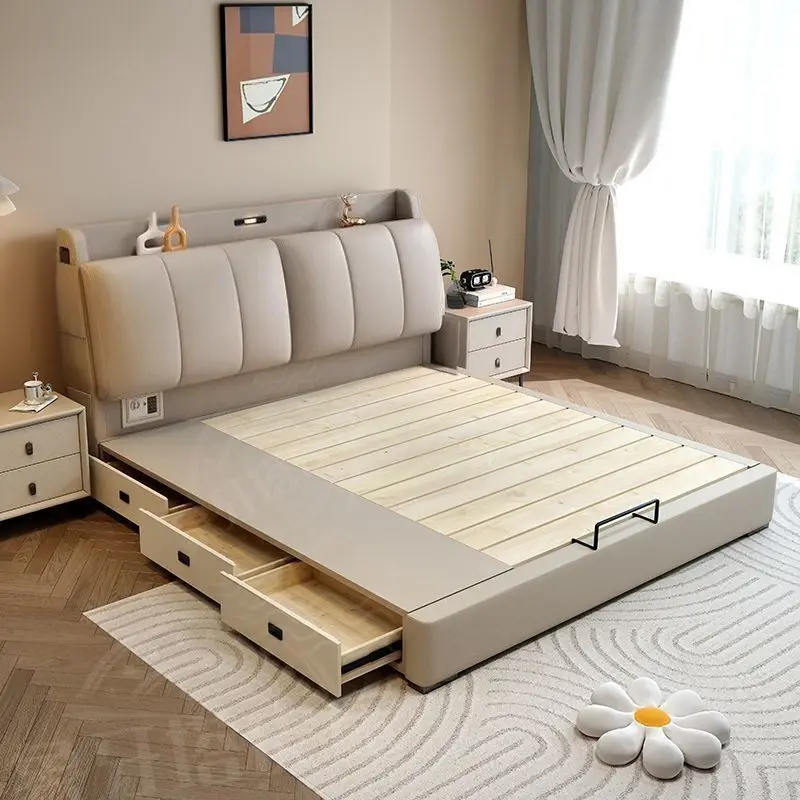 Modern Cream King Leather Bed with Drawers Soft Upholstered Master Bedroom Furniture Factory Direct Source