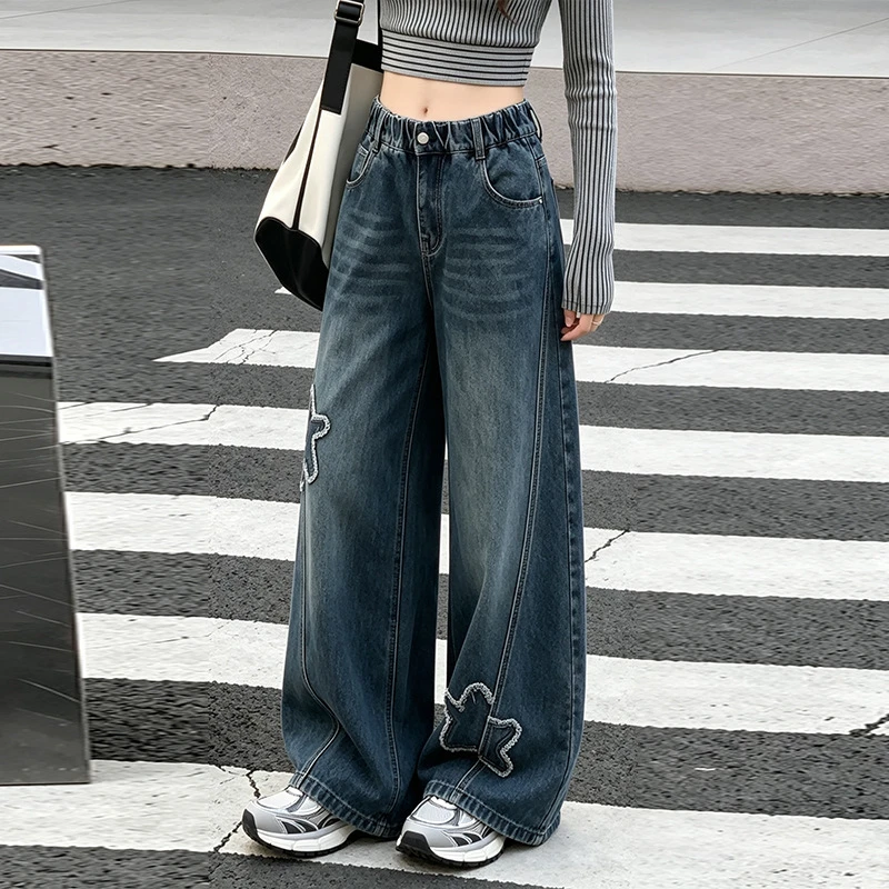 Girls Autumn Wide Leg Jeans with Irregular Star Embroidered Patch Design Spring Kids Curved Denim Pants Children Trousers