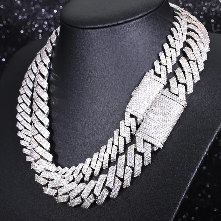 Hop Hip Iced Out 15mm 20mm Wide Necklace 3Rows Moissanite Diamond 925 Silver Gold Plated Cuban Link Chain with GRA Certificate..