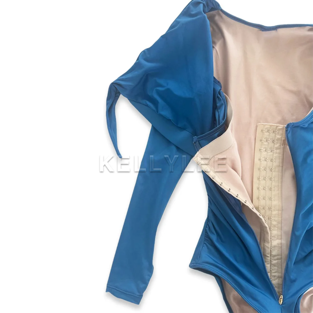 Blaue Langarm geformte Sommer Bodys Tanga Bauch Kontrolle mit BH nahtlose sexy Dreieck Fajas klassische Badeanzug Shape wear