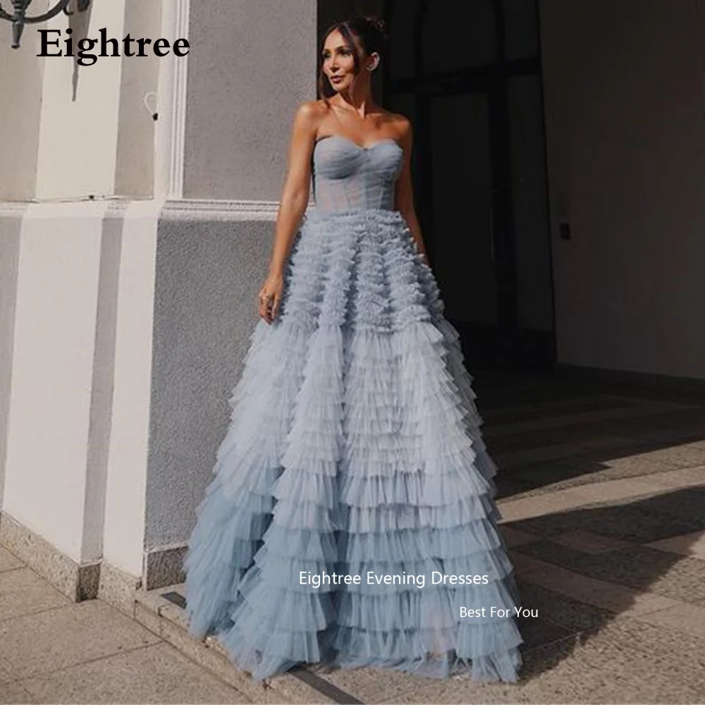 Eightree Princess Evening Dresses Tulle Strapless Long A Line Frill-Layered Tiered Ruffles Elegant Party Dresses for Women 2023