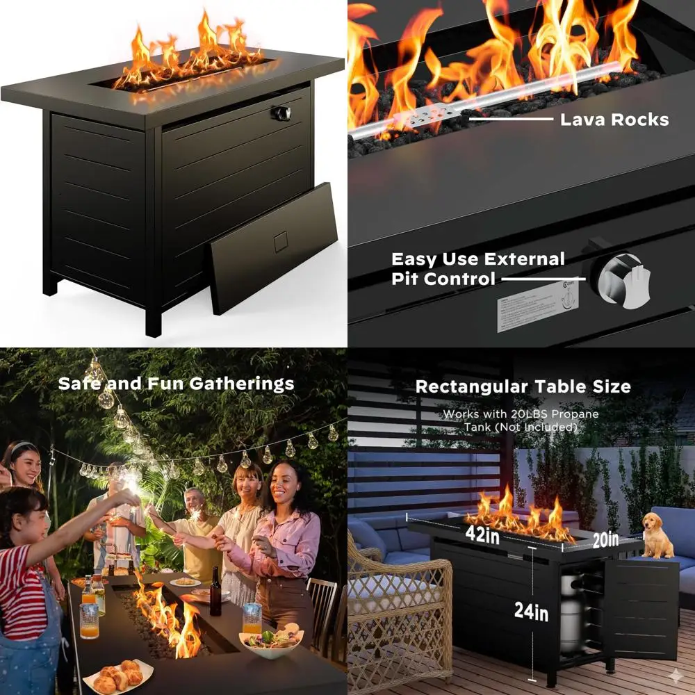 

42 Стол для костра на пропане на открытом воздухе с 60 000 БТЕ, стальной крышкой, лавовыми камнями и зонами сборки двойного назначения