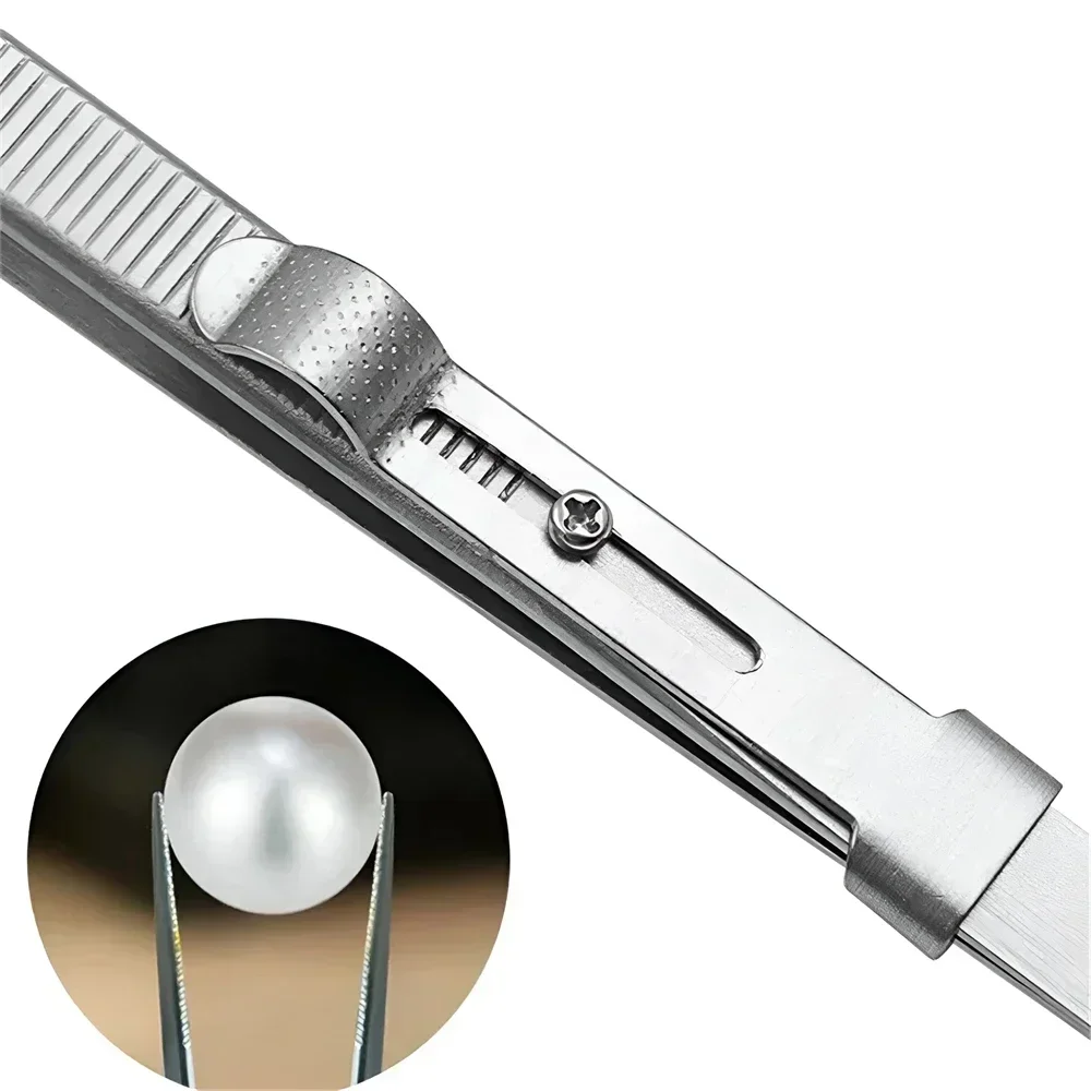 Professional Stainless Steel Tweezers Adjustable with Buckle Slide Lock Antistatic for Diamond Gem Jewelry Making Precision Tool