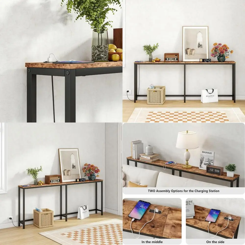 

71.5 Rustic Brown Console Table with Power Outlets for Sofa, Entryway, and Hallway