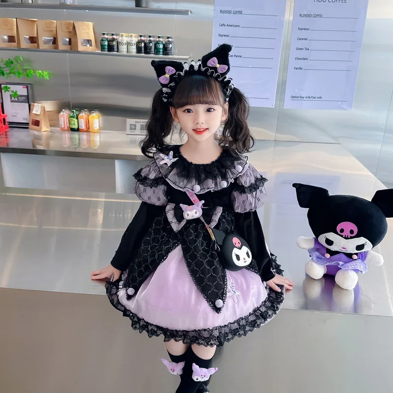 Kuromi Dress Kawaii Sanrio Anime Children Winter Little Devil Long Sleeve Lolita Princess Dress Student Cartoon Lace Tutu Skirt