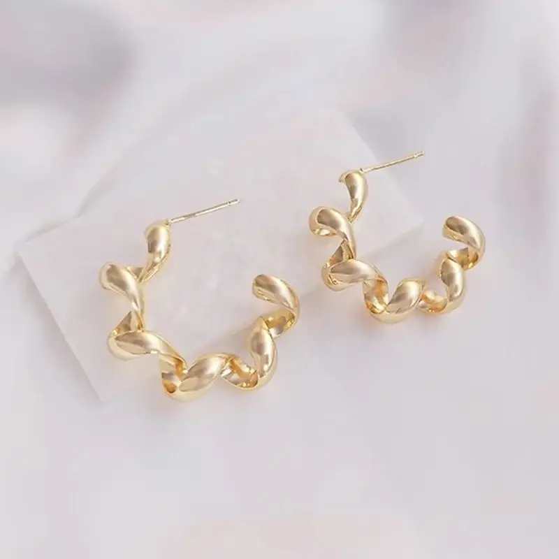 14K Gold Plated Coil Spring Earrings, Women Fashion High-End Needle Hoop Earrings