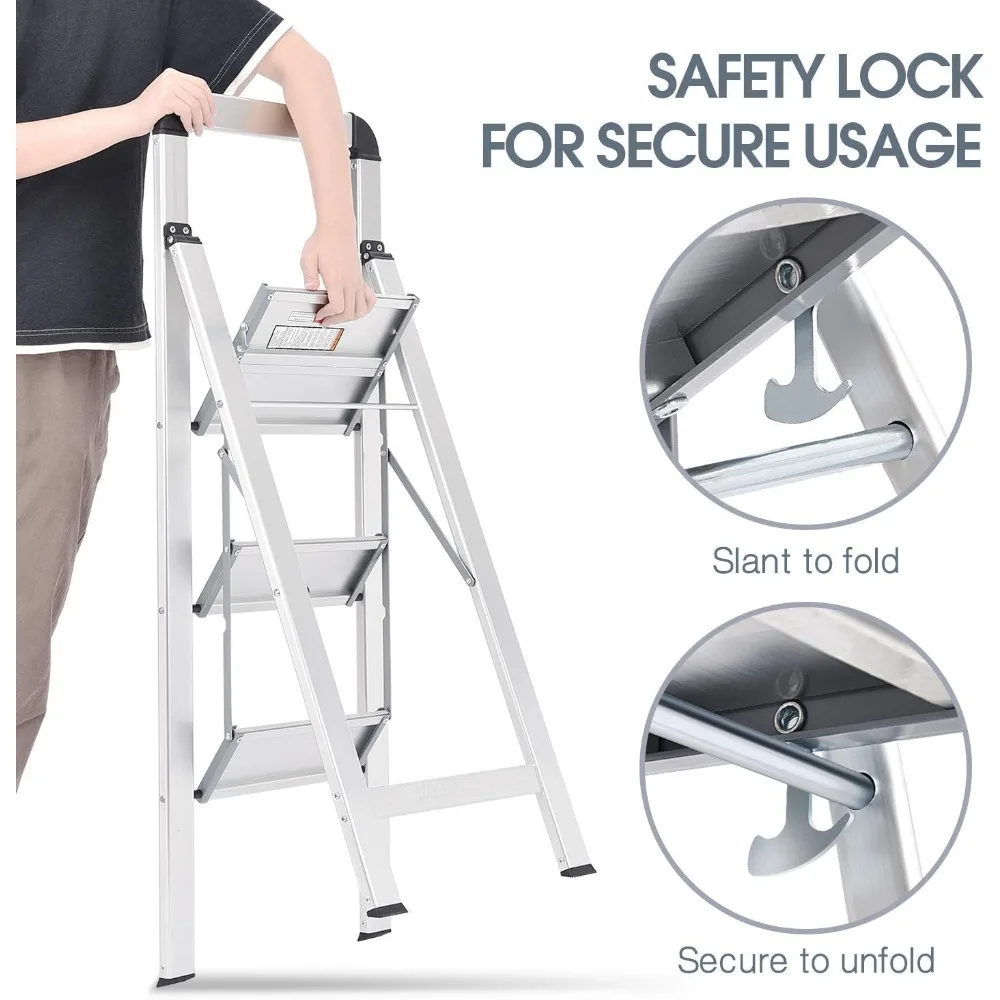 Aluminium 3-traps ladder, lichtgewicht opstapkruk met antislippedalen, leuning, 330 LBS opvouwbare opstapladder voor keuken