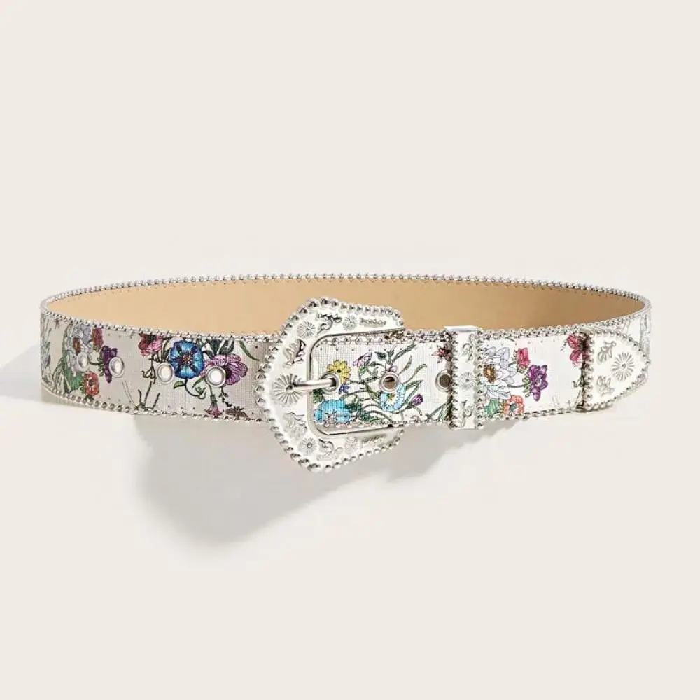 Elegant Flower Floral Belt Printed Korean Style PU Leather Waistband Y2K Girl All-match Retro Waistband Outdoor