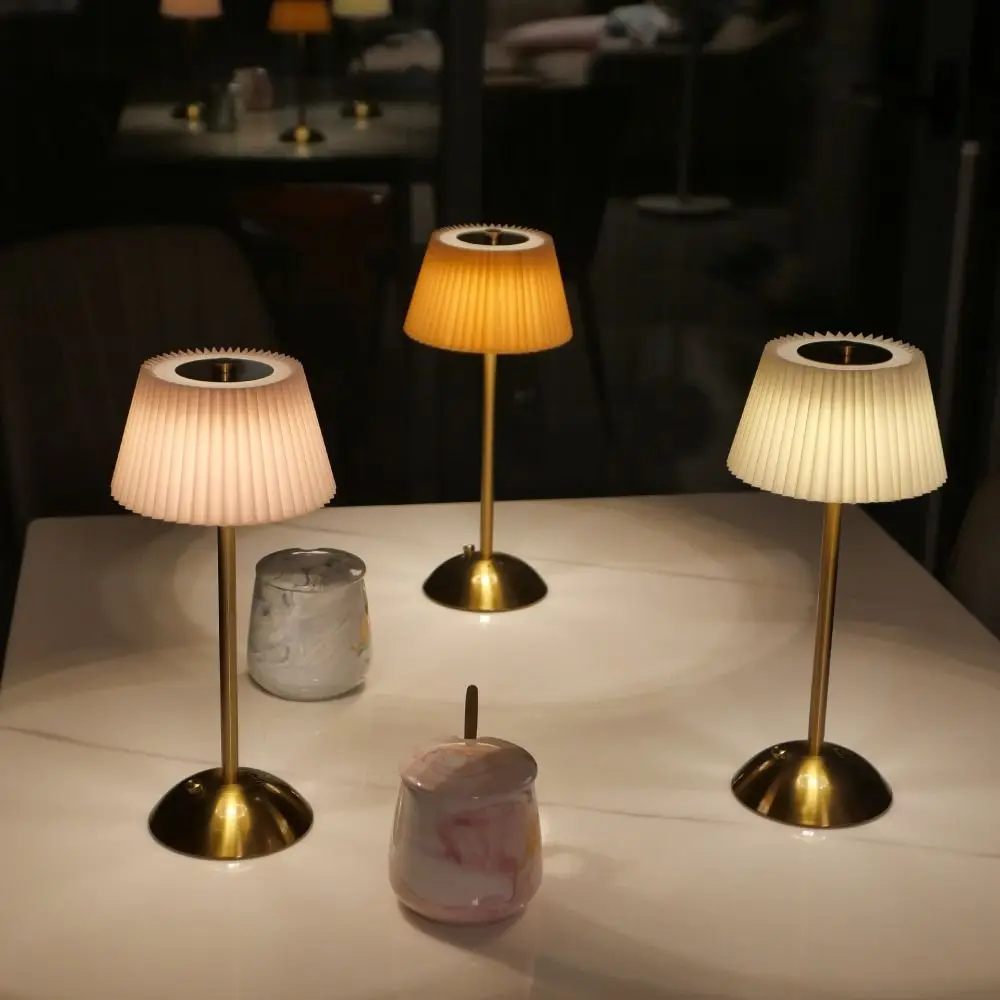 3 Color Lights Small Pleated Table Lamp Stepless Dimmable Touch Control LED Bedside Lamp Soft Lights Fabric Shade