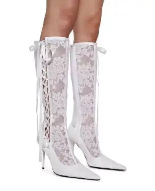 

New Women White Black Solid Lace Floral Ribbons Cross Tied Lace Up Knee High Boots Ladies Thin Heels Pointed Toe Slim Long Boots