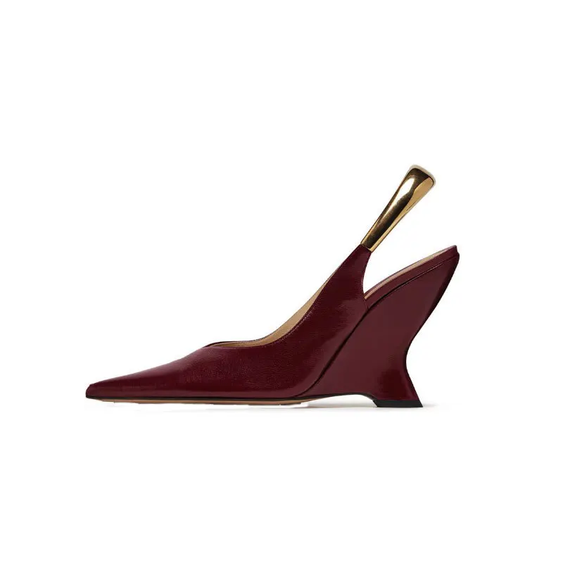 Metal Back Straps Black Pointed Toe Pumps Soft Leather High Heeled Thick Wedge Sandals Sexy Women's Large Size Shoes