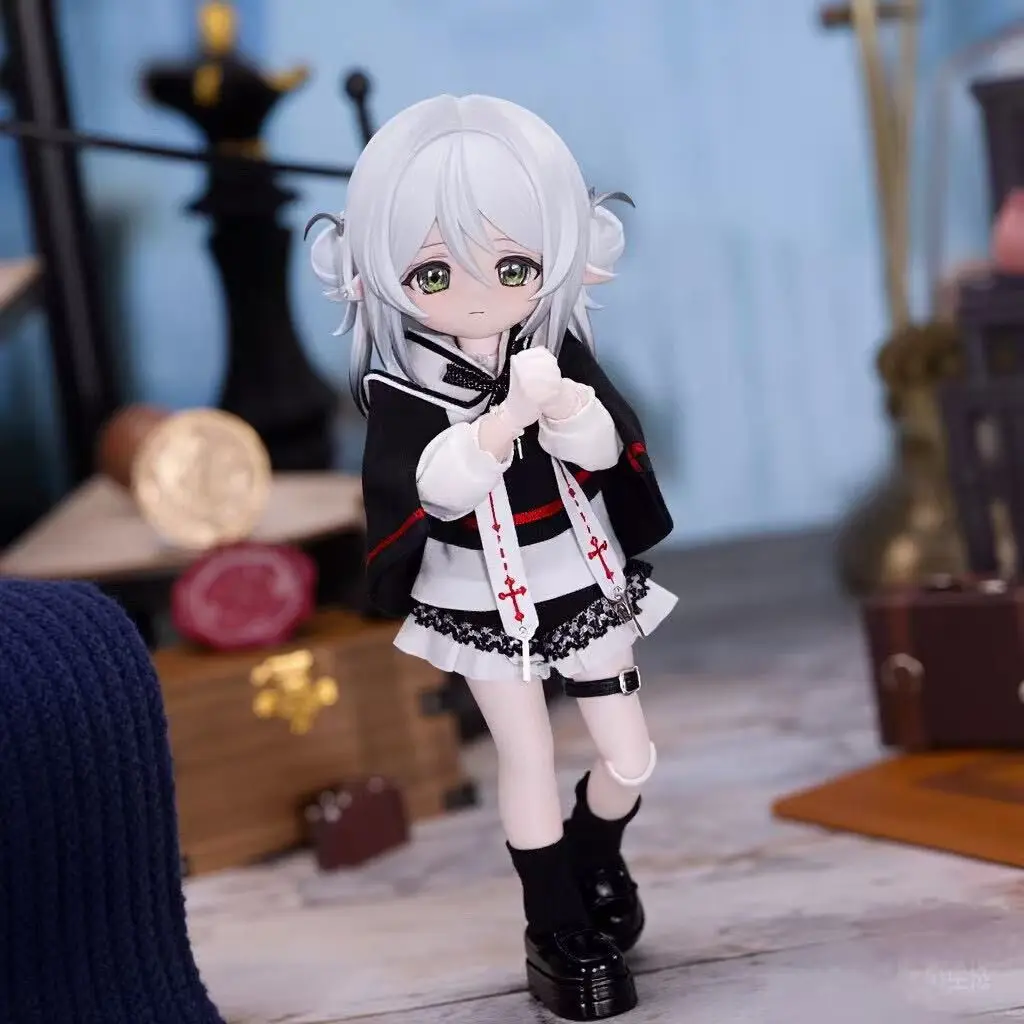 Gothic Sailor Style Doll Outfit for Ob11 1/8 1/12 Dolls, Black White Cross Embroidery Sailor Collar Top Shorts Set,no Doll