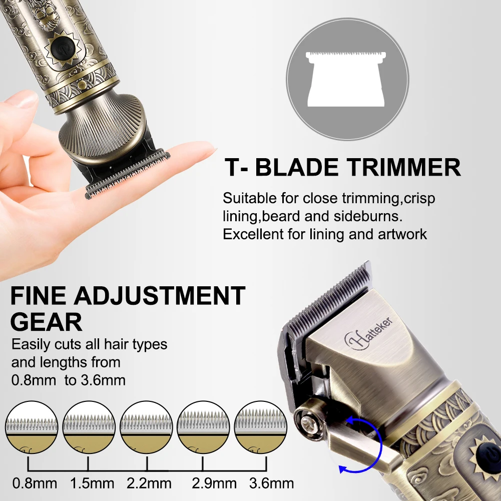 HATTEKER 2PC Professional Cordless Hair Clipper for Men Metal Barber Kit with Trimmer Hair Cutting Set for Precision Cutting 5