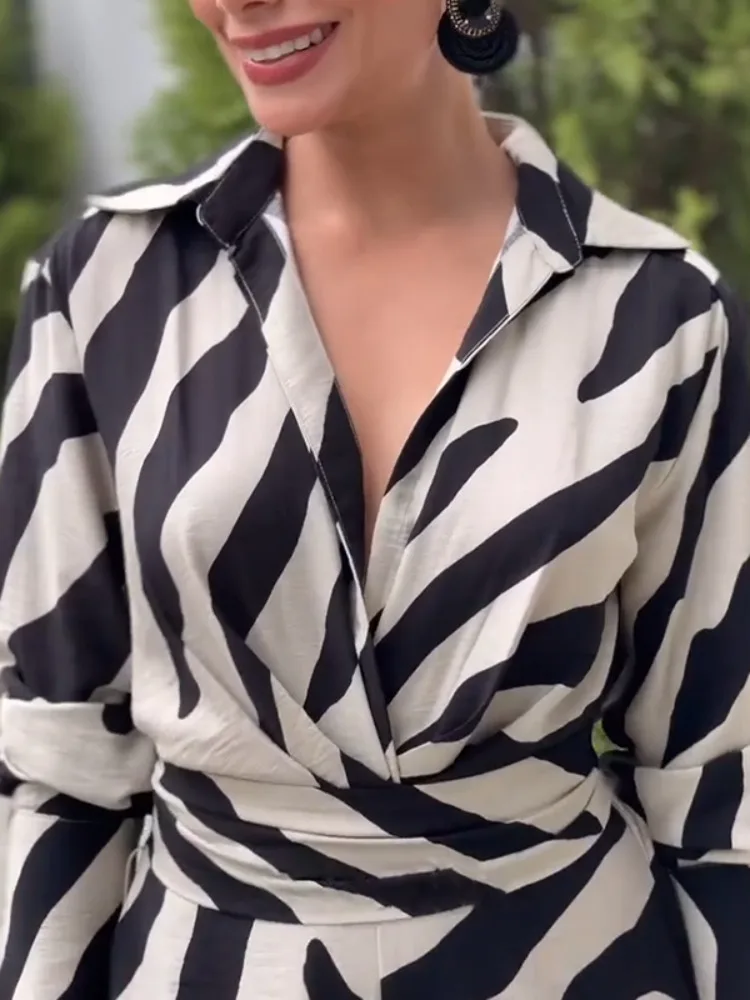 Tute da donna con risvolto a gamba larga stampate zebrate alla moda, maniche lunghe, vita alta, tute da festa per ufficio alla moda urbana