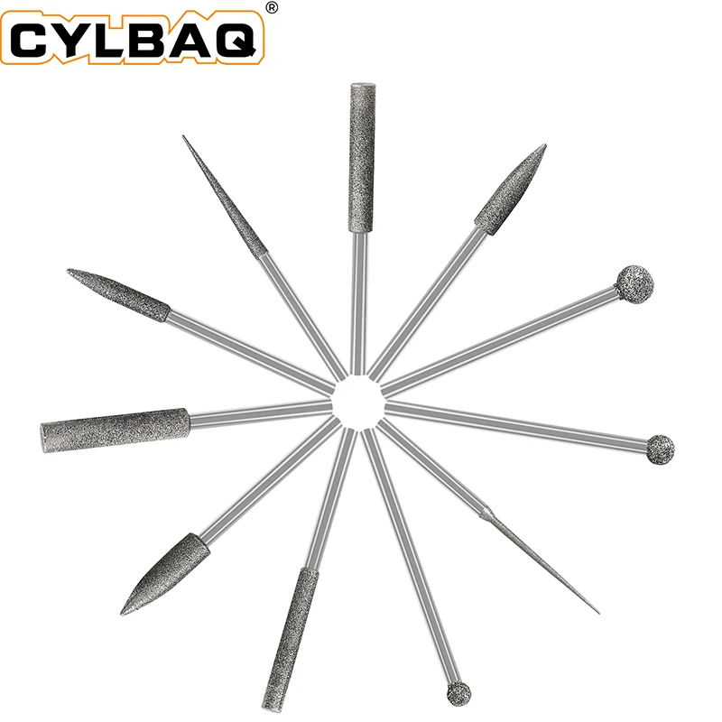 11Pcs Stone Carving Set Diamond Burr Bits 1/8 Inch Shank Polishing Rotary Tools for Grinding Engraving Carving