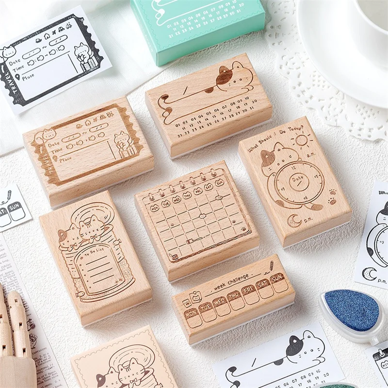Tampon en caoutchouc en bois motif chat mignon pour calendrier mensuel, cadre d'étiquettes, planificateur, scrapbooking, journal intime et décoration DIY S