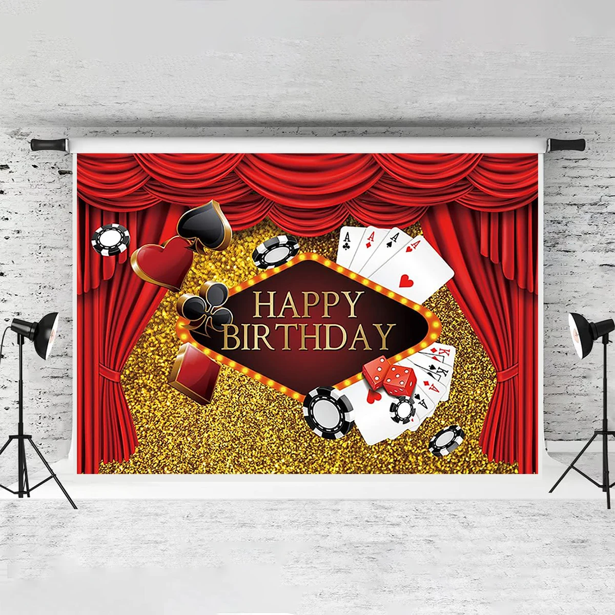 Happy Birthday Poker Polyester 7x5ft Backdrop Photography Party Banner Casino Night Scenery Decorations Red Golden Dice Light