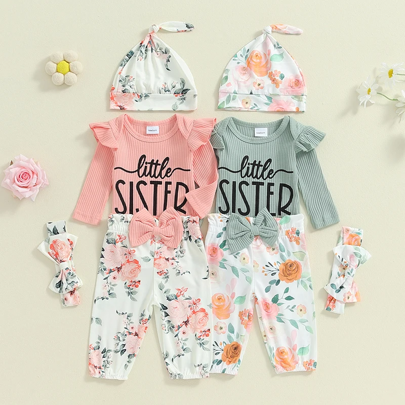 

2024-05-27 Lioraitiin Baby Girls Fall 4PCS Sets Long Sleeve O Neck Letter Print Romper Floral Pants Headband Hat Sets