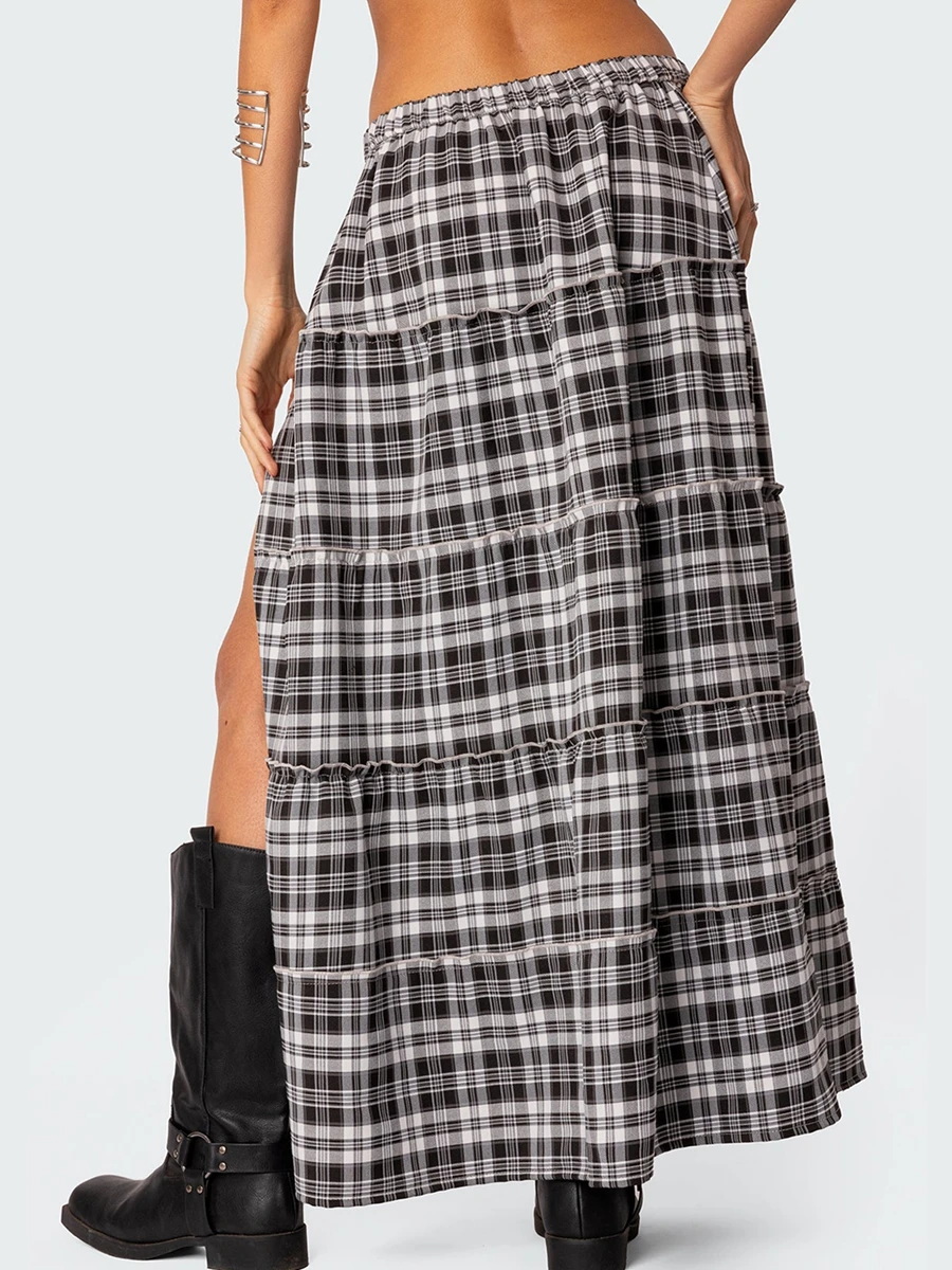 Women 2024 Summer Plaid Tiered Maxi Skirt Elastic High Waist Flowy A Line Long Skirt Vintage Gingham Swing Midi Skirt