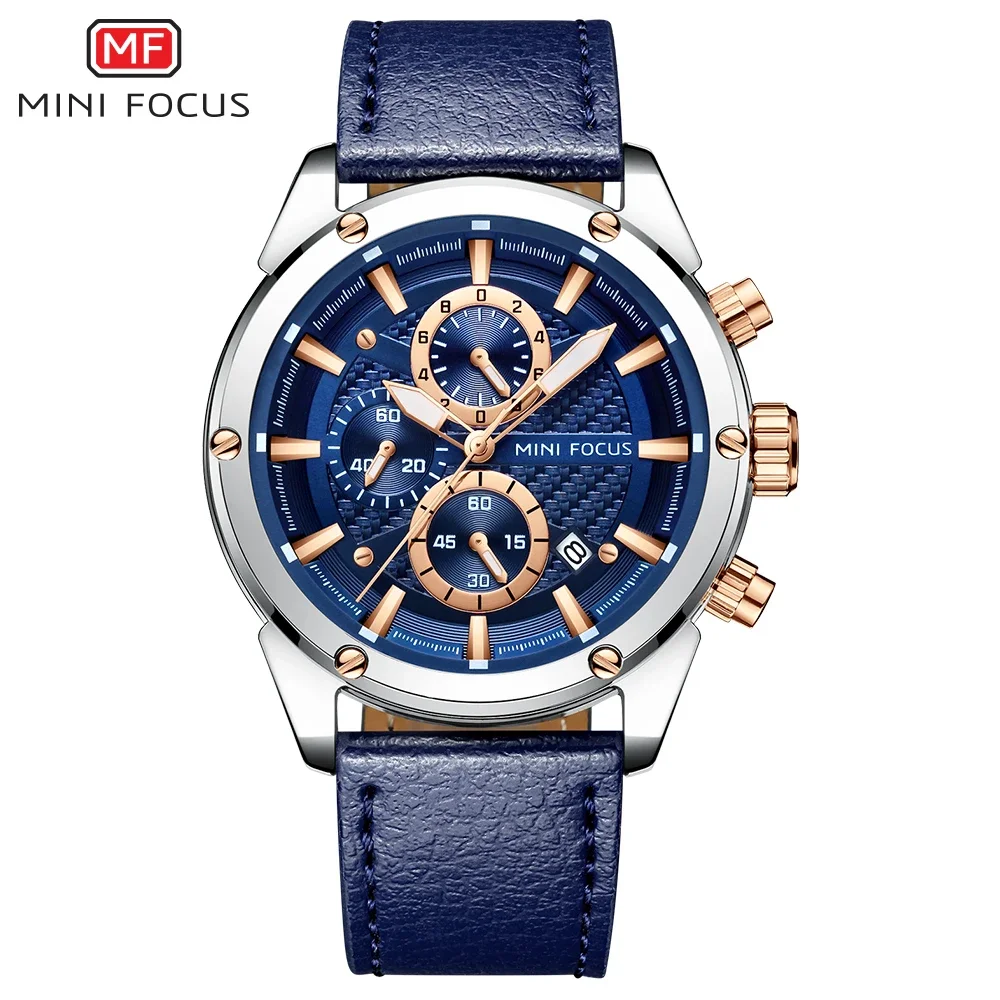 MINI FOCUS 0161G Luxury Quartz For Men Waterproof Sport Chronograph Wristwatch Blue Leather Strap Clock Fashion Mens Watches