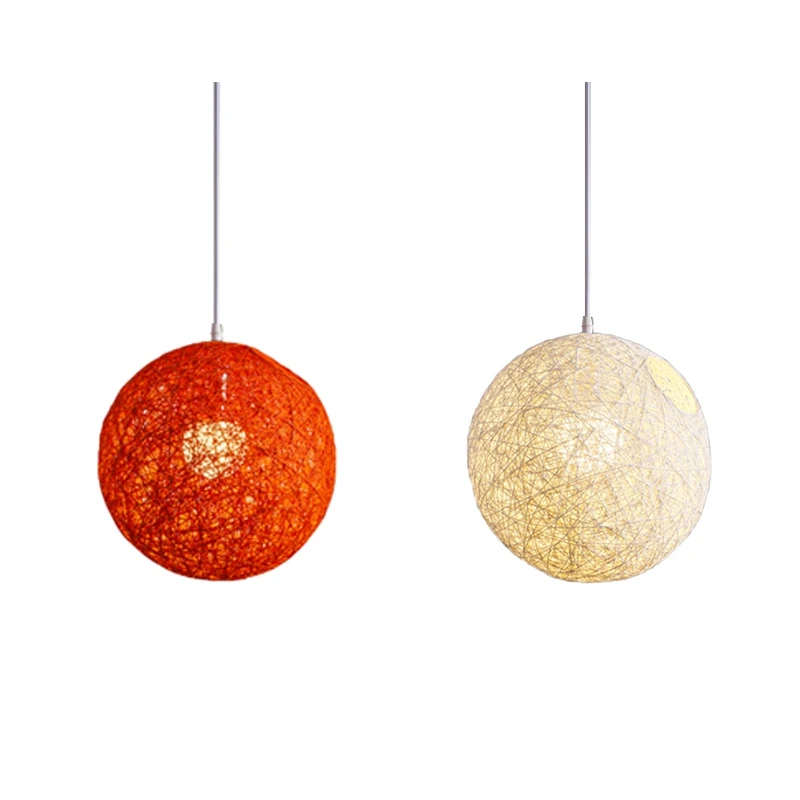 2X White/Orange Bamboo, Rattan And Hemp Ball Chandelier Individual Creativity Spherical Rattan Nest Lampshade