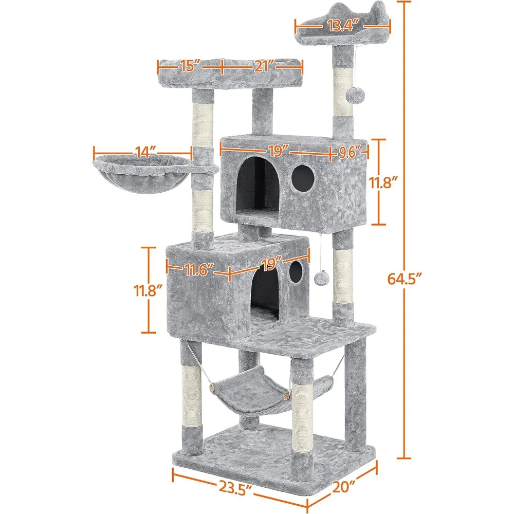 Cat Tree 64.5'' Large Condo Tower Stand Furniture with Scratching Posts Perches Hammock as Cat House Play Center