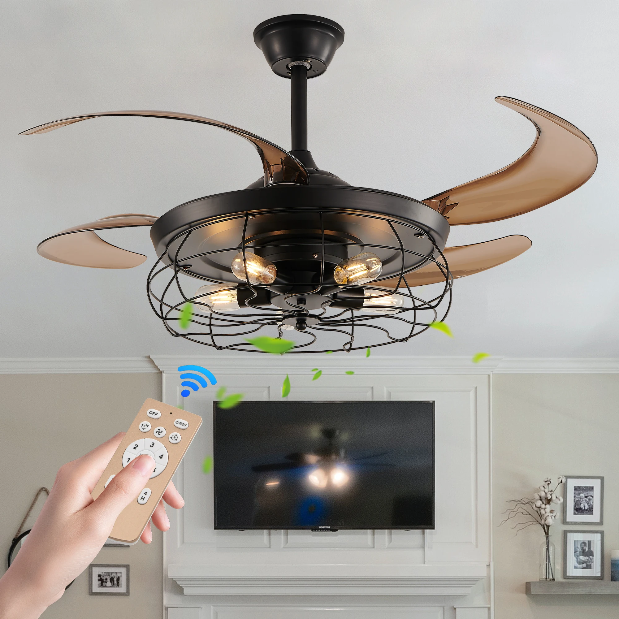 

48" Black Remote Control Ceiling Fan Light Retractable 4-Blade Fan with Cage Design Adjustable Speed for Living Room, Bedroom