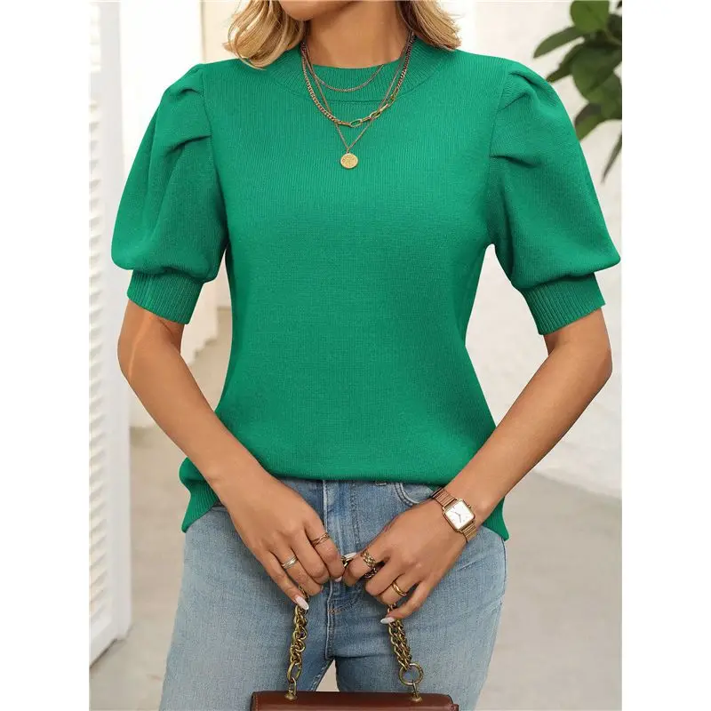 NEW-Women's Puff Short Sleeve Sweater Tops 2025 Spring Summer Trendy Crew Neck Casual T Shirts Blouses