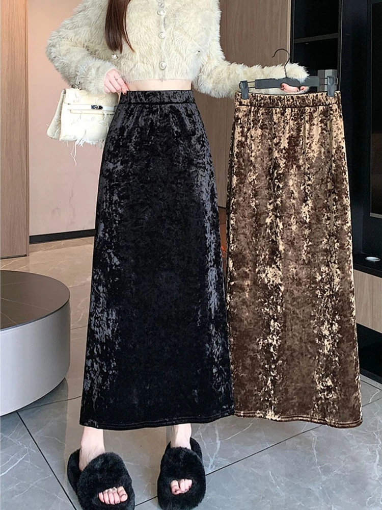 Streetwear Fluwelen Zwarte Lange Rokken Vrouwen Casual Winter Hoge Taille Faldas Largas Koreaanse Y2k Kleding Slanke Dames Mid Lengte Rok