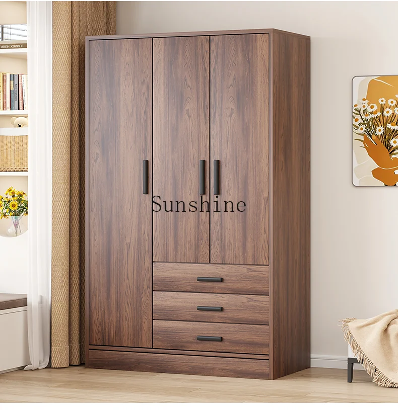 Retro walnut home bedroom small apartment assembly storage cabinet rental room hanging wardrobe