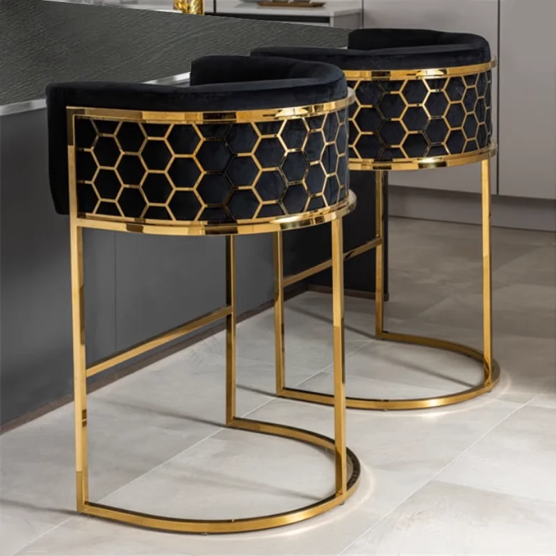 

Contemporary luxury counter high pole stool honeycomb pattern stainless steel with backrest, suitable for family or restaurant