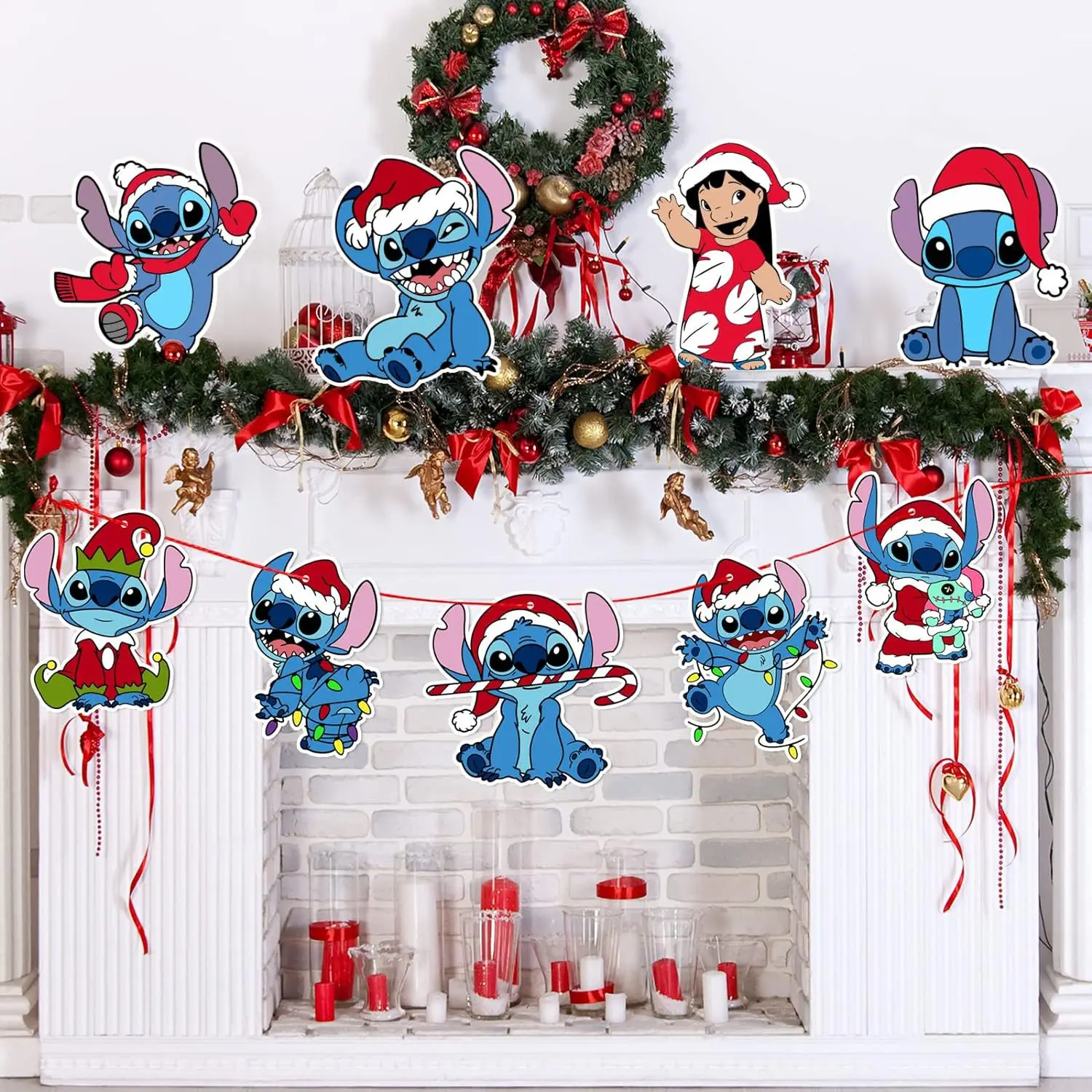 24pcs New Disney Stitch Cartoon Series Wooden Party Pendant Tag Set Decorating The Christmas Tree Cute Blue Steedy Anime Gifts