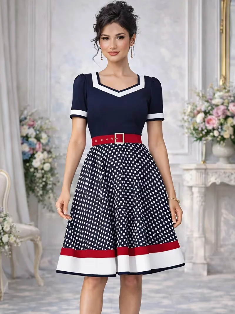 Womens Short Sleeve Vintage 1950s Polka Dot Square Neck Colorblock Rockabilly Fit And Flare Skater Swing Dress With Belted