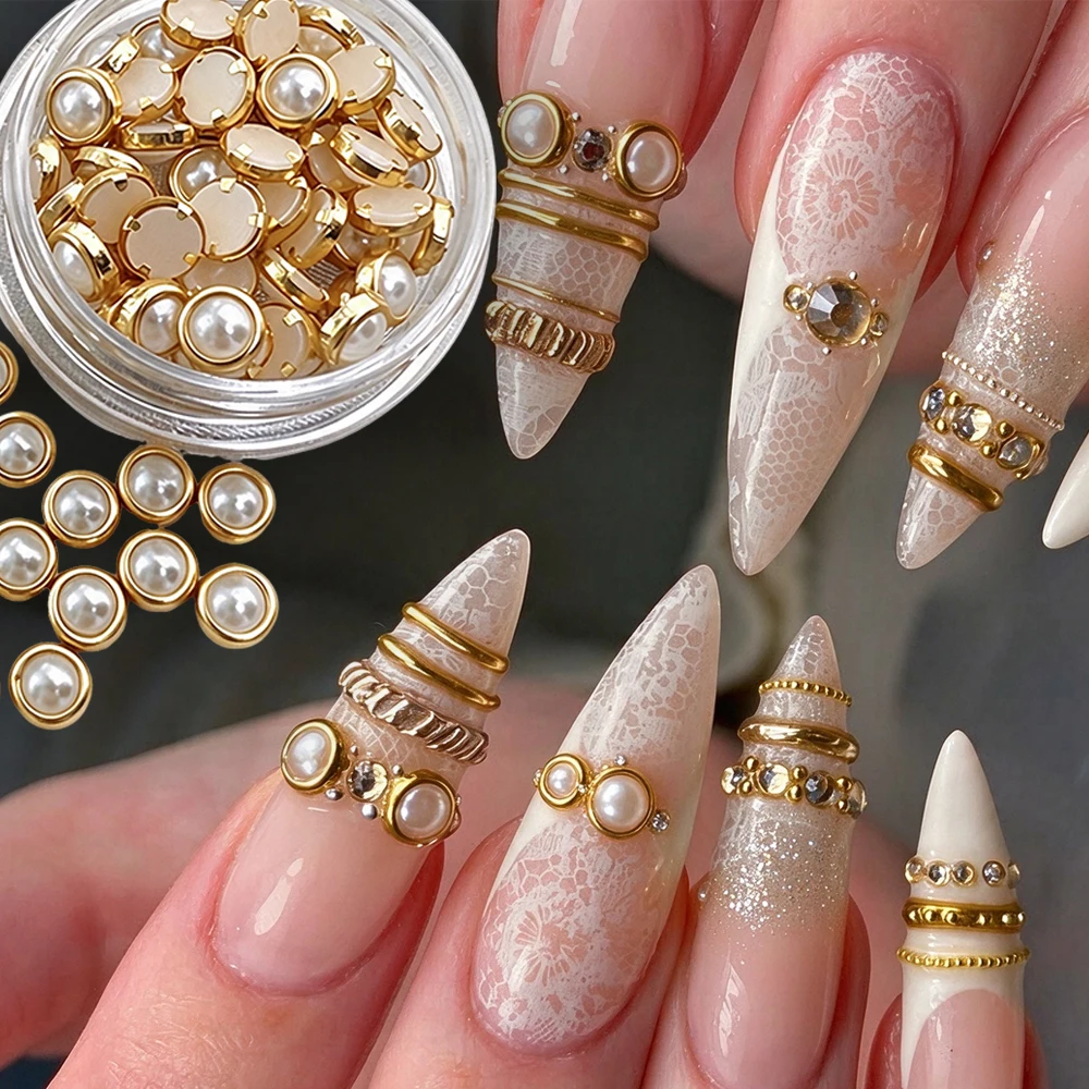 1Jar Gold‑Framed Half Pearls Beads Nail Rhinestone Glossy Retro Baroque Pearl Rivets Luxury 3D Nail Decorations Nail Accessories