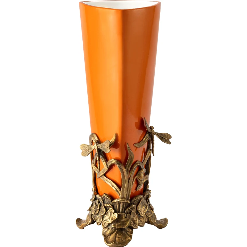 

High temperature ceramic painted solid color copper base vase home decoration flower vase